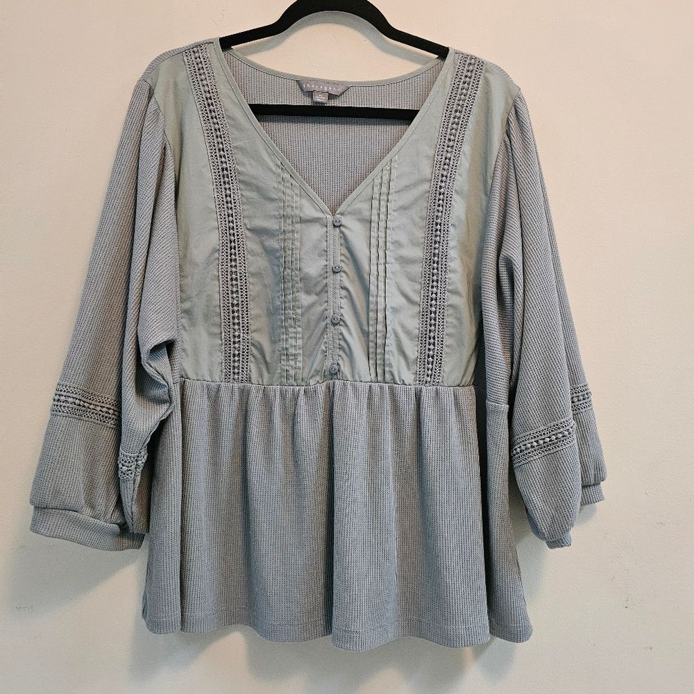 Sharagano Blouse Top Women XL Sage Green Crochet Accents 3/4 Length Sleeves